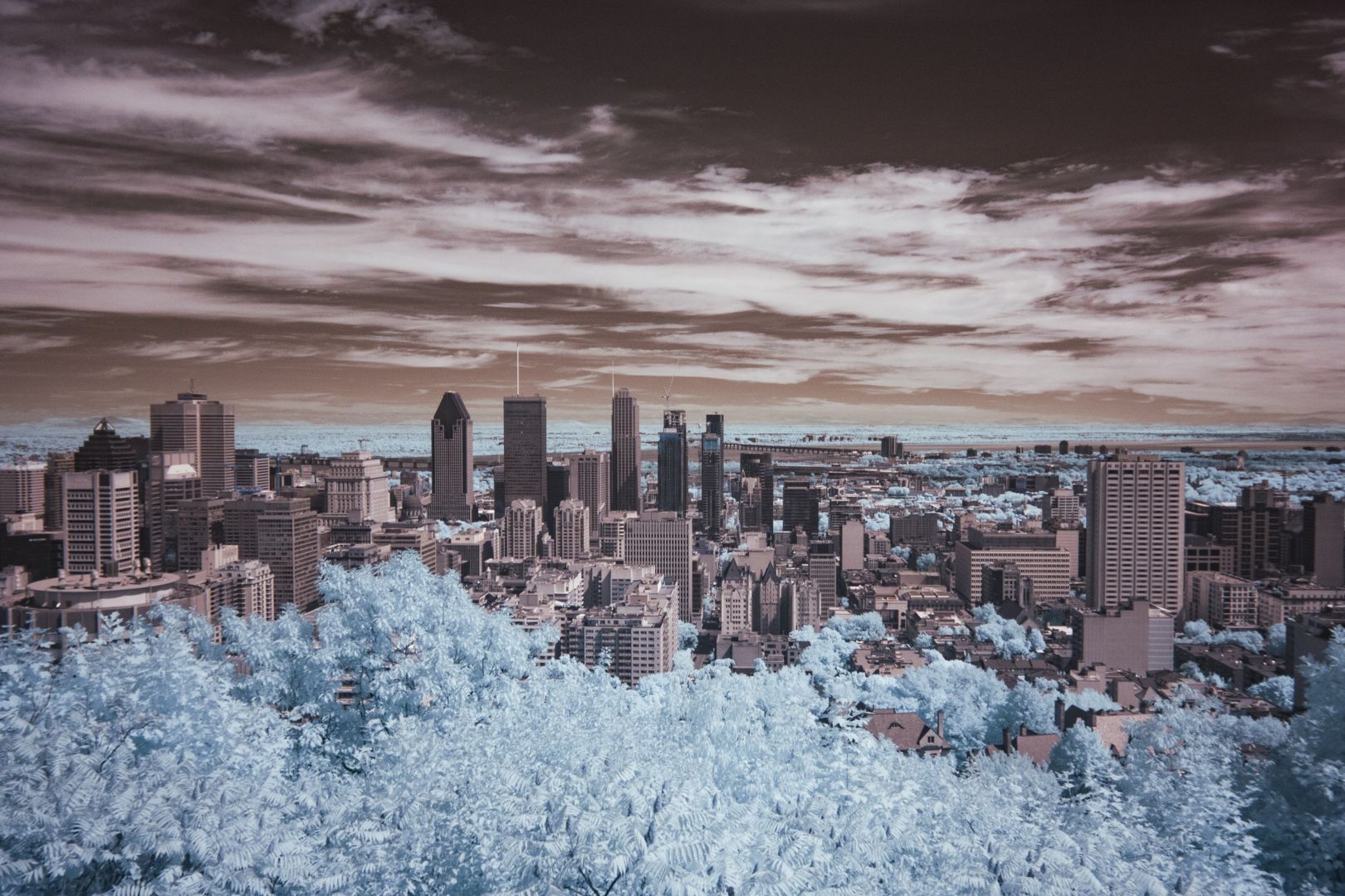 Une vue prise en infrarouge de Montréal depuis le mont Royal. avec un ciel rouge/ orange.